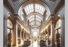 Armonía en Espacios: Pasillos Arqueados y Ventanas de Techo en una Cocina a Doble Altura pasillos arqueados, ventanas hasta el techo y una cocina a doble altura