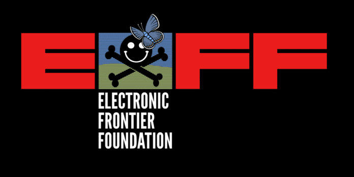 EFF logo with DEF CON skull and crossbones and an Acmon Blue Butterfly