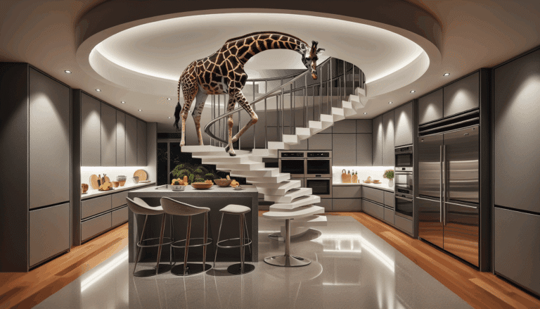 una villa rural llena de recuerdos con cocina moderna y una jirafa en la escalera