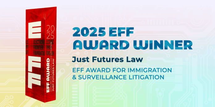 Red and white trophy with information about Just Futures Law