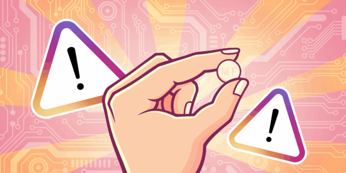 A hand holding a mifepristone pill, with access denied symbols in the background