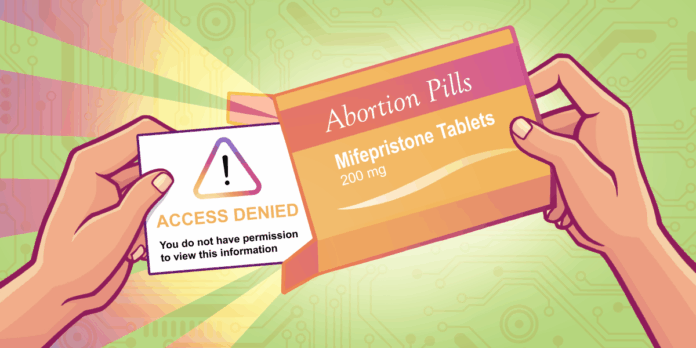 An illustration of hands opening a box of abortion pills and pulling out a insert that says "Access Denied"