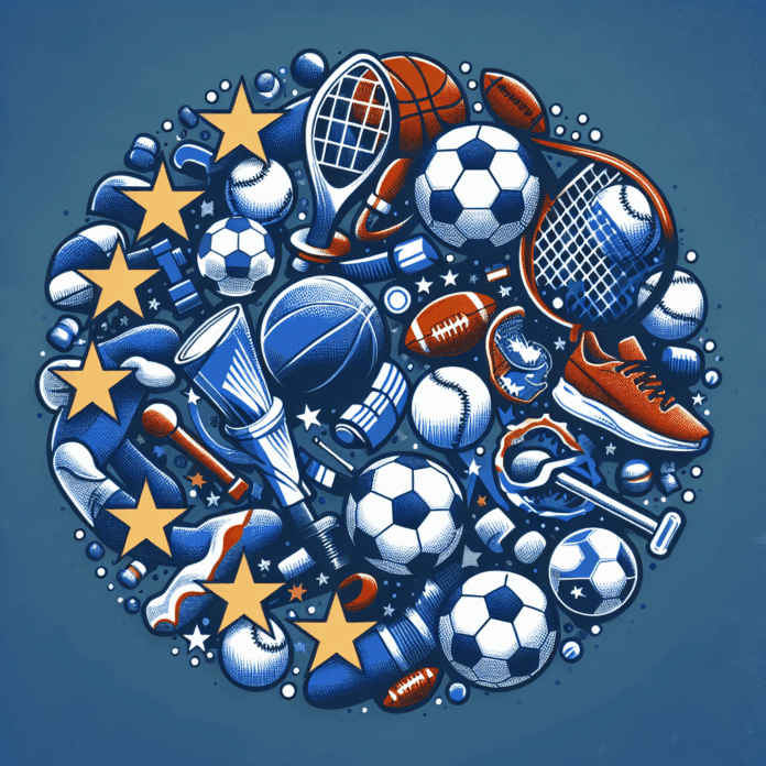 El Impacto del Deporte en el Comercio de la UE: Various sports equipment gathered.