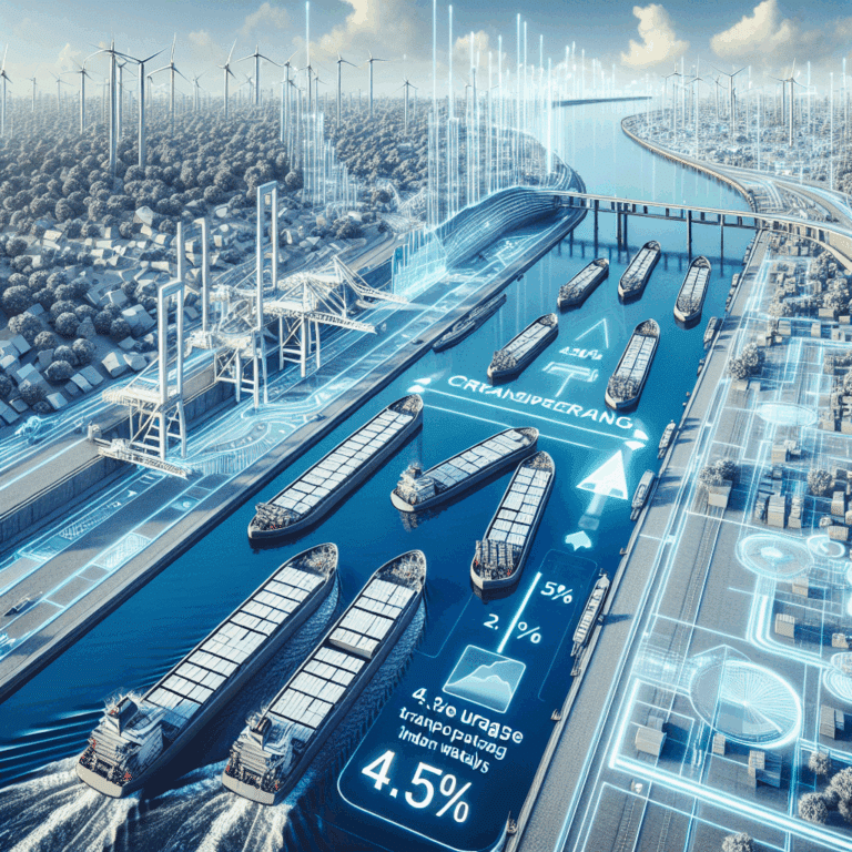 A ship carrying cargo along a river.