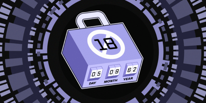 Purple padlock with an 18+ only symbol and a combination lock requiring Day, Month, and Year.
