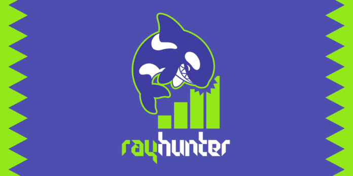 The logo for Rayhunter. Image is of a purple orca who was taken a bite of cell phone signal bars.