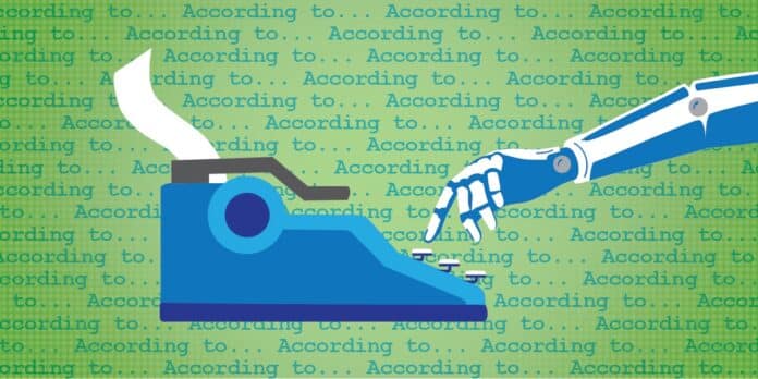 Robot hand reaching toward a typewriter