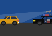 La Búsqueda de Placas: Un Caso de Aborto Ocultado tras la Desaparición An illustration of patrol car with a Texas flag scanning a yellow car.