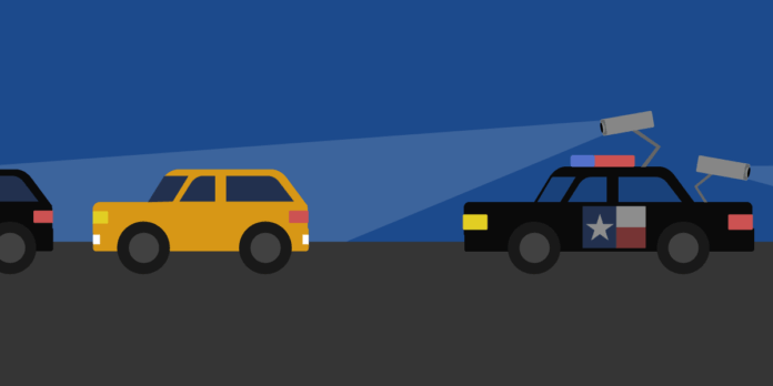 An illustration of patrol car with a Texas flag scanning a yellow car.