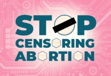 Transmisión en Vivo: Detengan la Censura sobre el Aborto pink background that reads "stop censoring abortion"