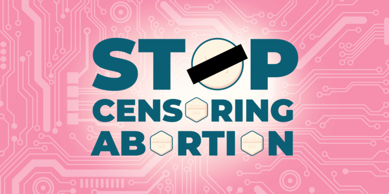 pink background that reads "stop censoring abortion"