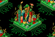 Celebrando Libros para Construir un Futuro Mejor Green EFF 35th Anniversary digital cityscape on a black background.