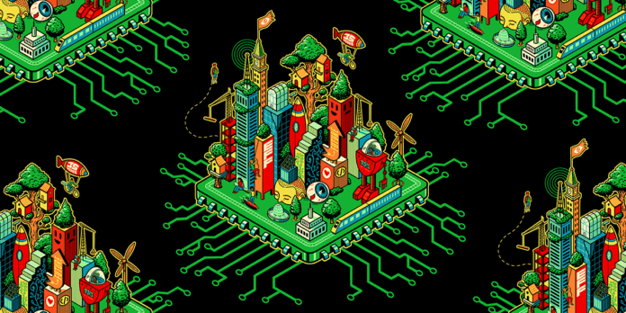 Celebrando Libros para Construir un Futuro Mejor Green EFF 35th Anniversary digital cityscape on a black background.