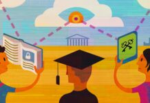 EFF ante el Tribunal Federal de Arizona: Protección de los Estudiantes de Escuelas Públicas contra la Vigilancia y el Castigo por Expresión Fuera del Campus 3 students, one with a book, one with a laptop, one in a graduation hat, being watched by an eye.