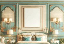 El Encantador Dormitorio de Paula Echevarría y Miguel Torres: Turquesa, Dorados y Estilo Retro El elegante dormitorio de Paula Echevarría y Miguel Torres de tonos turquesa, marcos dorados y cabecero retro