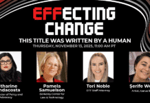Influyendo en el Cambio: Este Título Fue Escrito por un Humano The words "EFFecting Change" on a black background with red, white, and grey ribbons