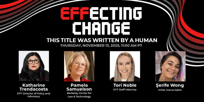 The words "EFFecting Change" on a black background with red, white, and grey ribbons
