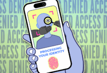 La Privacidad También Es Para Los Niños A blue hand holding a cellphone showing a verification screen and ACCESS DENIED in the background