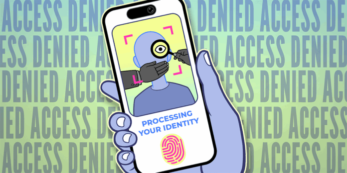 La Privacidad También Es Para Los Niños A blue hand holding a cellphone showing a verification screen and ACCESS DENIED in the background