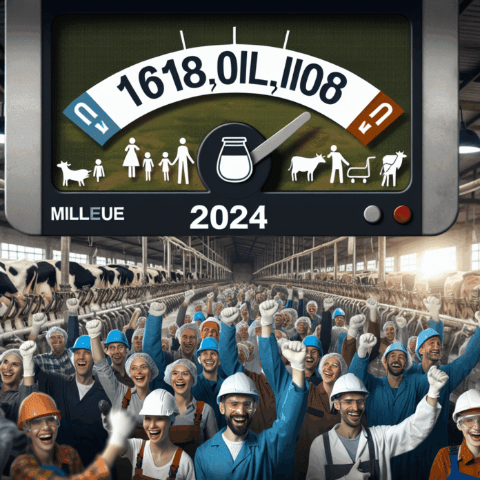 man pouring raw milk inside a jug with a cow on the background