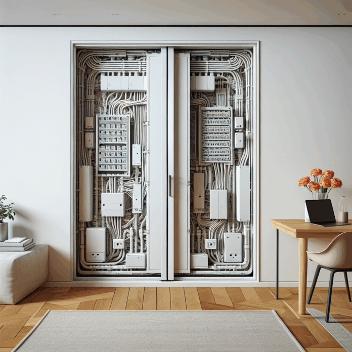 "Si tienes un cuadro eléctrico que ocupa toda la pared, una puerta corredera con guías ocultas para taparlo es todo un acierto"