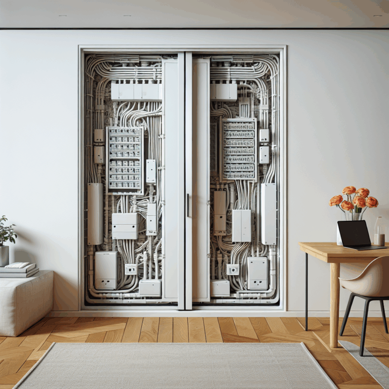 "Si tienes un cuadro eléctrico que ocupa toda la pared, una puerta corredera con guías ocultas para taparlo es todo un acierto"