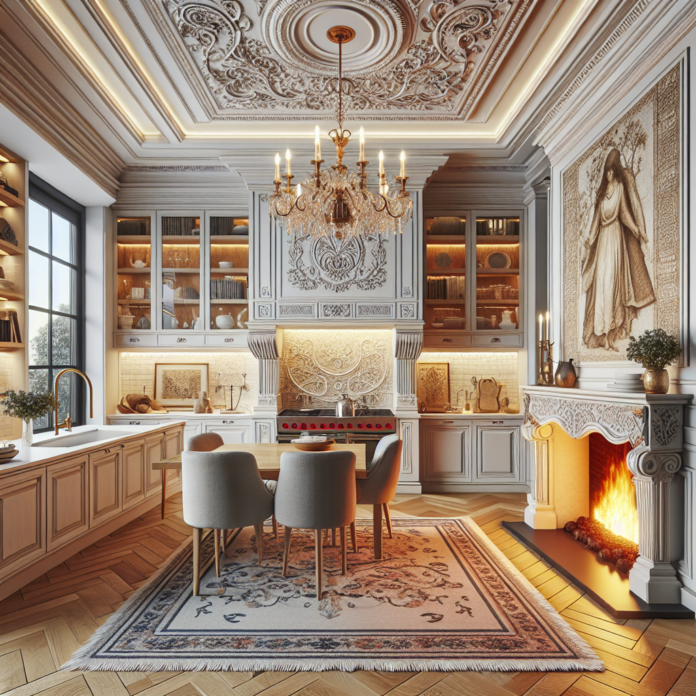 Atrevida Cocina y la Magia de una Chimenea junto a una atrevida cocina, bonita chimenea y una codiciada obra de arte