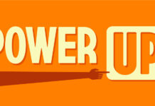 Duplicamos Nuestro Compromiso con los Derechos Digitales. Tú También Puedes. Orange banner with a hand pointing to the words "Power Up"