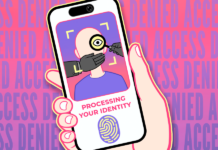 EFF Lanza un Centro de Verificación de Edad como Recurso Contra Leyes Mal Entendidas A hand holding a cellphone showing a verification screen and ACCESS DENIED in the background.