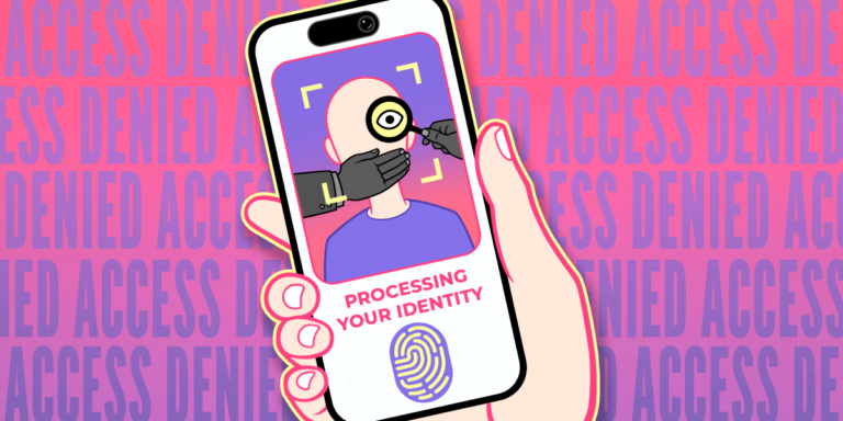 A hand holding a cellphone showing a verification screen and ACCESS DENIED in the background.