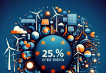 El 25,2% de la Energía de la UE en 2024 Procede de Renovables Wind turbines above green fields and a forst.