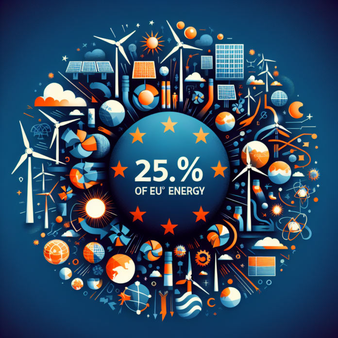 El 25,2% de la Energía de la UE en 2024 Wind turbines above green fields and a forst.