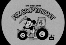 El Último Jefe del Juego en Línea: El Acoso del Copyright EFF Presents "Fix Copyright", a design featuring a cartoon mouse hacking his tractor.