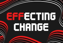 Impactando el Cambio: El Costo Humano de la Verificación de Edad en Línea The words "EFFecting Change" on a black background with red, white, and grey ribbons