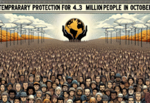 Protección temporal para 4.3 millones de personas en octubre: un nuevo paso hacia la seguridad humanitaria A person holding a hand of a small child under the blue and yellow fabric.