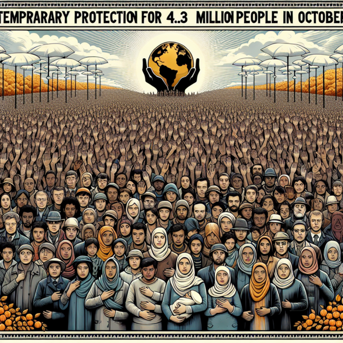 Protección temporal para 4.3 millones de personas en octubre: un A person holding a hand of a small child under the blue and yellow fabric.