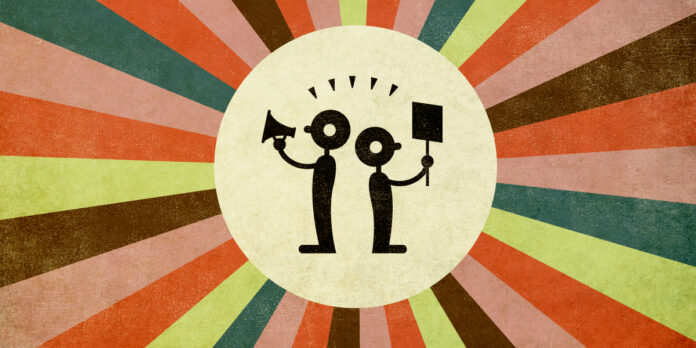 EFF Cierra el Viernes en Solidaridad con el Paro Nacional 2 protestors in silhouette on retro starburst background