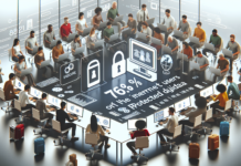 El 76.9% de los Usuarios de Internet Protegieron Sus Datos en 2025 A person typing a password on the phone while working on the laptop.