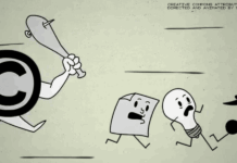 El Copyright No Debe Fomentar Monopolios an animation of the copyright icon chasing a lightbulb, music note, and file down with a bat