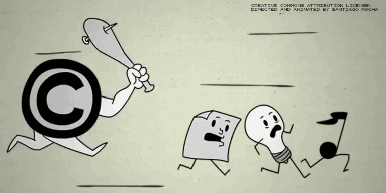 an animation of the copyright icon chasing a lightbulb, music note, and file down with a bat