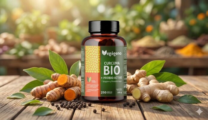 Fórmula Avanzada de Cúrcuma, Jengibre y Pimienta Negra Bio con Cúrcuma con jengibre y pimienta negra Bio con probióticos y prebióticos, la fórmula avanzada de VEGAGENO