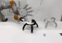Mano Robótica Capaz de Gatear y Recoger Múltiples Objetos Simultáneamente Una mano robótica puede gatear y recoger varios objetos a la vez