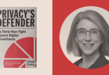 Defensores de la Privacidad en City Lights SF Book cover for Privacy's Defender + Cindy Cohn portrait
