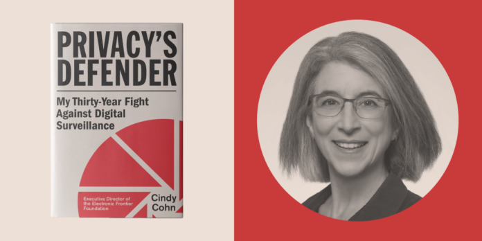 Defensores de la Privacidad en City Lights SF Book cover for Privacy's Defender + Cindy Cohn portrait