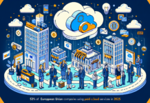 El 53% de las Empresas de la UE Utilizaron Servicios de Nube de Pago en 2025 man looking at laptop screen at a desk with a second computer on the desk