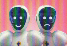 Política de IA Inteligente: Analizando Sus Verdaderos Daños y Beneficios Two robots, one smiling, one frowning (photo: Nicholas-Halodi CC-BY)