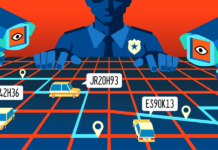 San José Puede Proteger a los Inmigrantes al Terminar el Sistema de Vigilancia Flock sinister cop and cameras loom over street grid with cars identified by license plates