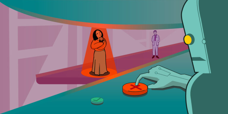 A robot watches a conveyor belt, its finger on the reject button, as a light scans a woman and baby.