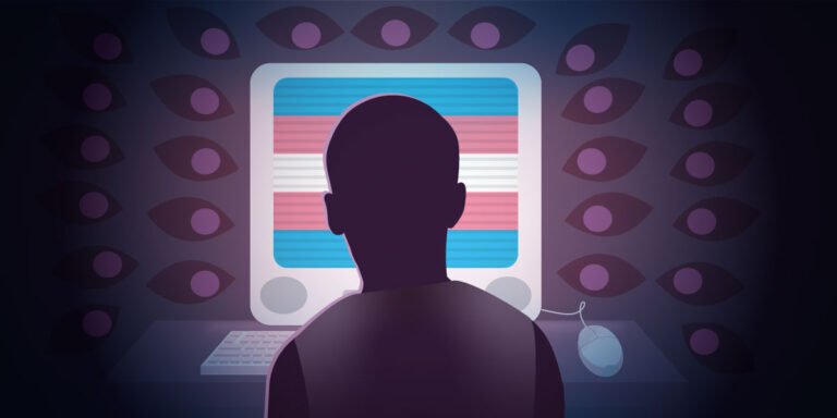 a silhouette looks at the transgender flag while eyes watch them