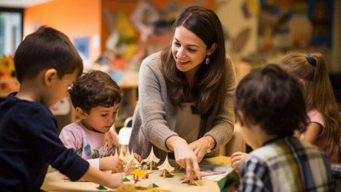 En 2024, el 95% de los niños de la UE A group of children in preschool playing with a teacher.